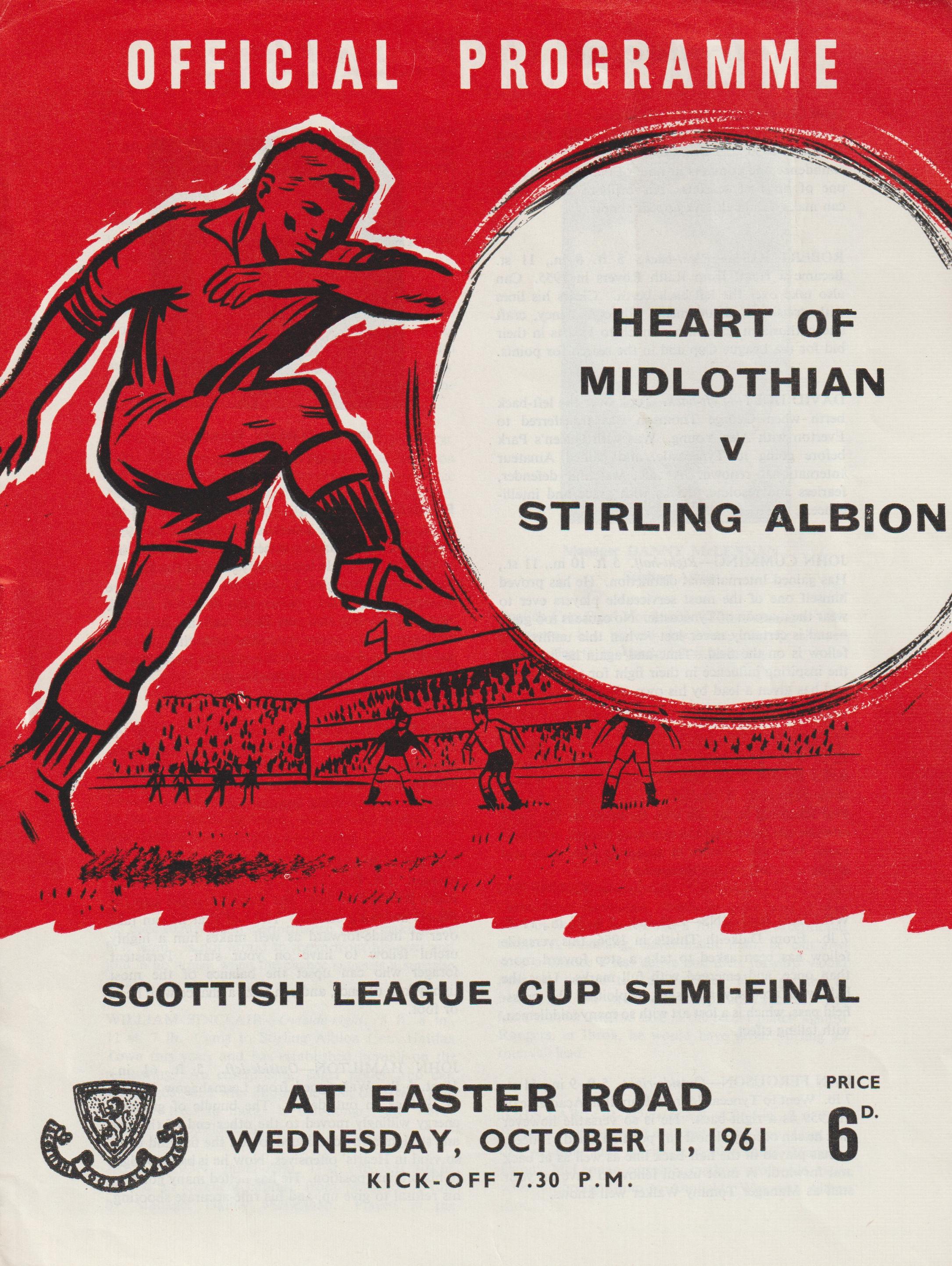 1961 SCOTTISH LEAGUE CUP SEMI-FINAL - HEARTS v STIRLING ALBION
